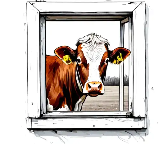colourful cow looking through old window Nostalgic vibe Outside tattoo design idea