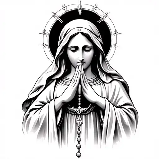 virgin mary holding a rosary praying hands tattoo design idea