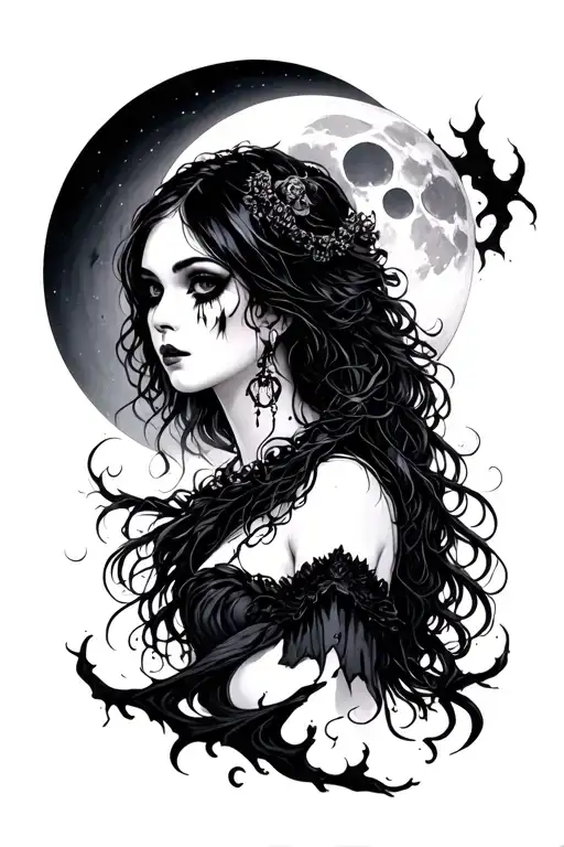 moon with female goth girl face tattoo design idea