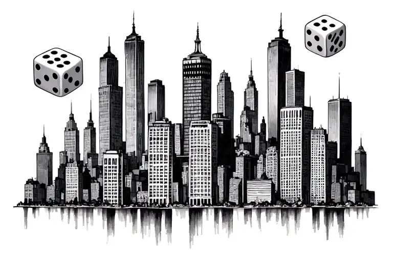 Nyc Skyline buildings in a line with 3 dice symbolizing the gamble tattoo design idea