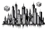 Nyc Skyline buildings in a line with 3 dice symbolizing the gamble tattoo design idea