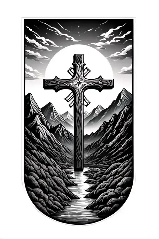 cross and mountains tattoo design idea