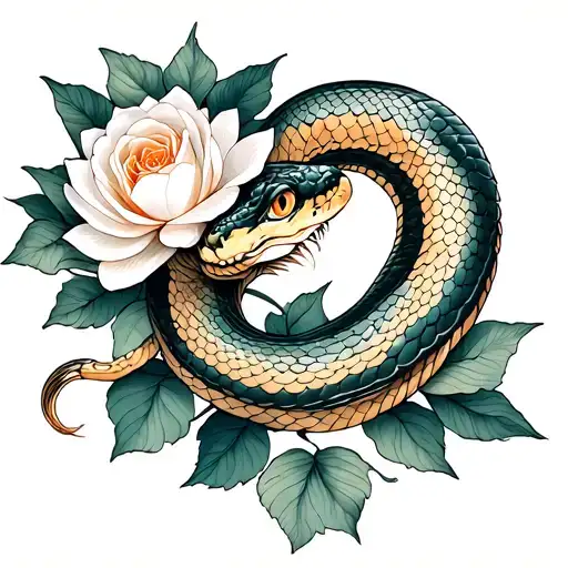 snake with a white rose and water lily flower tattoo design idea