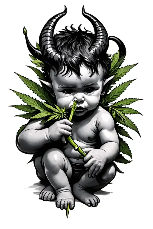 baby devil merching a weed joint tattoo design idea