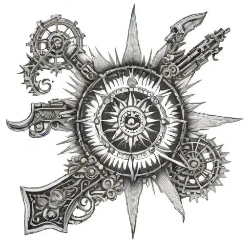 An intricate sun design incorporating elements of Remington's iconic imagery, such as rifles and western motifs, in a dotwork style tattoo design idea