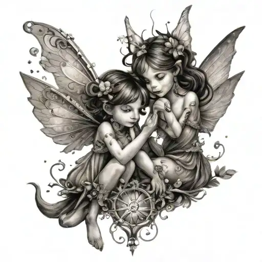 A tattoo of two playful and mischievous fairies representing Sophia and Savannah, surrounded by magical elements like wands and sparkles tattoo design idea