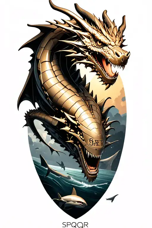 Bronze robotic dragon festus with "SPQR" engraved on its side flying through night sky over the seas filled with sharks tattoo design idea