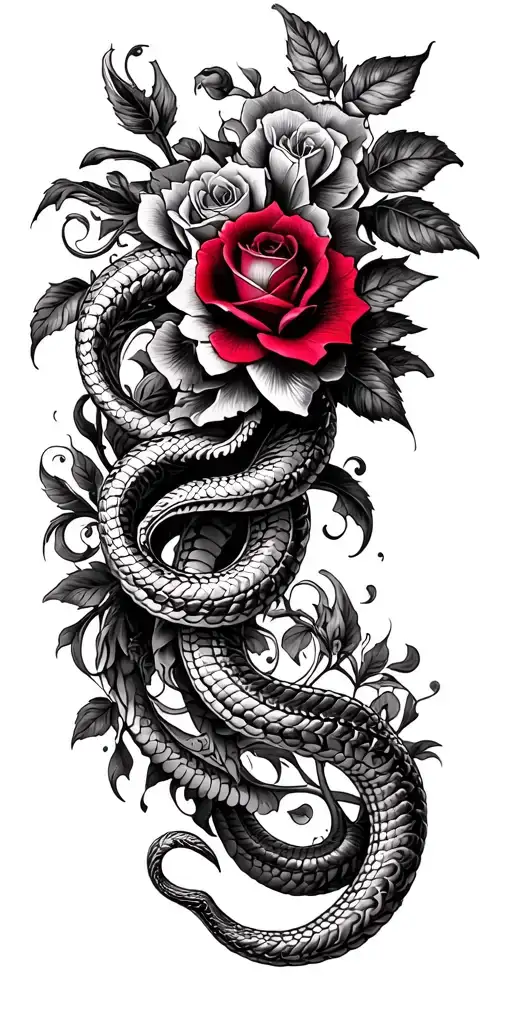 Sleeve tattoo of intertwining baroque filigree, serpents, and crimson roses, blending beauty and danger. tattoo design idea