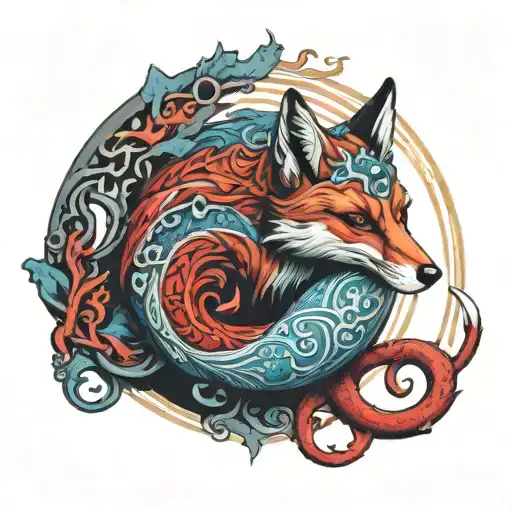 Ouroboros fox tarot devil in red and blue tones tattoo design idea