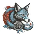 Ouroboros fox tarot devil in red and blue tones tattoo design idea