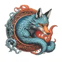 Ouroboros fox tarot devil in red and blue tones tattoo design idea