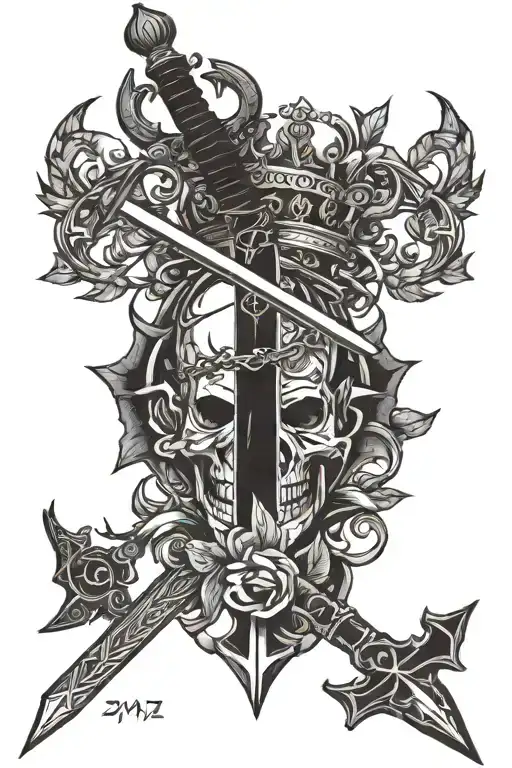 a tattoo on the back of the arm with a simplistic sword with a crown of thorns on top of it, with proverbs 27:17 written tattoo design idea