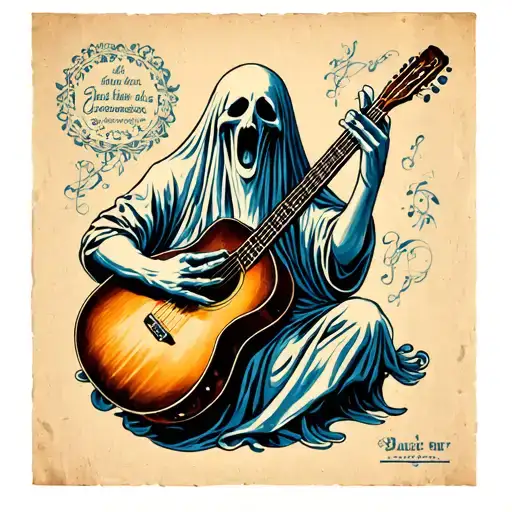 ghost in a sheet with blues music inspiration tattoo design idea