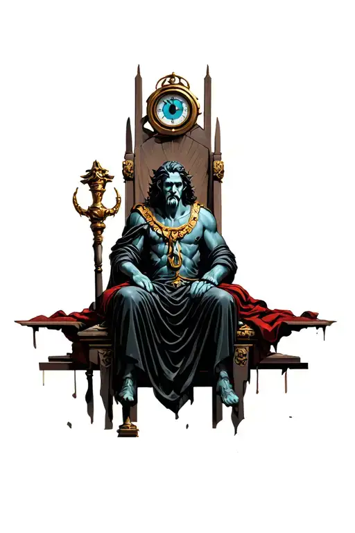 hades Greek good sitting on throne with broken clocks and the all seeing eye tattoo design idea