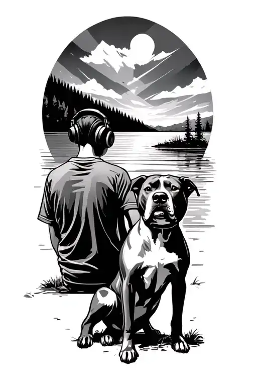 Boy with headphones sitting next to pitbull dog Facing a lake with mountains  tattoo design idea