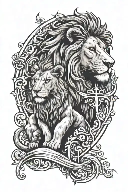 lion and the lamb and cross intertwined tattoo design idea