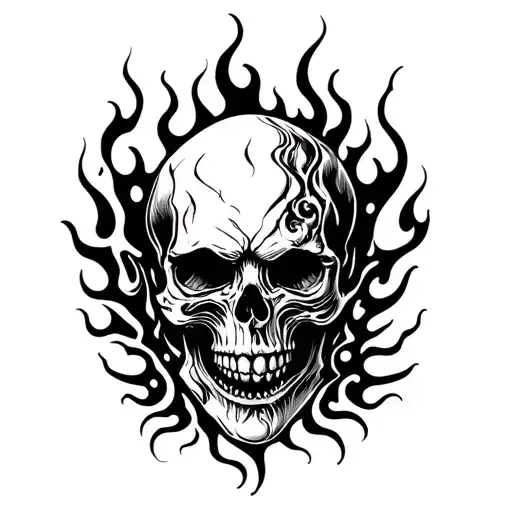 2 souls, scary, mysterious, skull with flames tattoo design idea