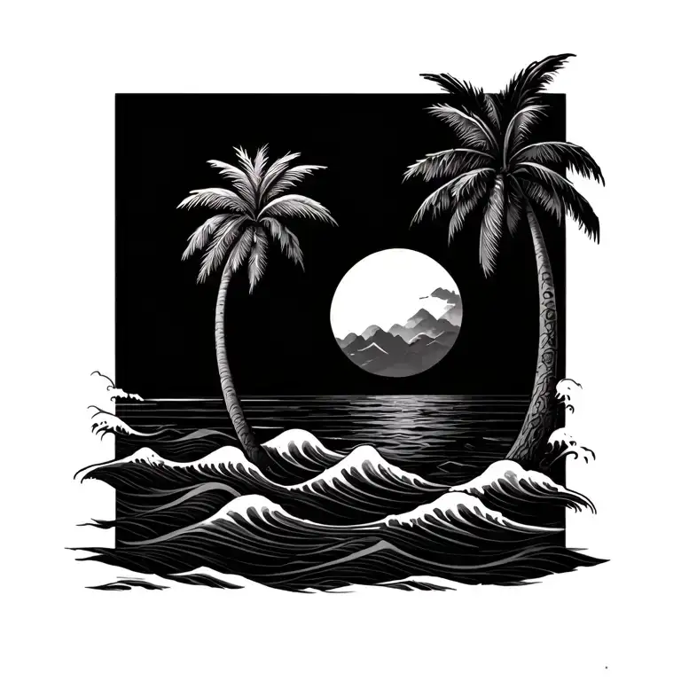4 waves and a palm tree  tattoo design idea