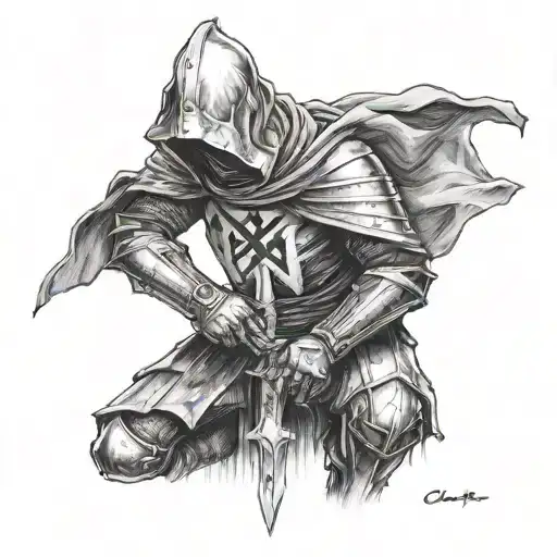 “A black-and-white illustration of a Templar knight with a hood, kneeling in a dynamic and gritty  tattoo design idea