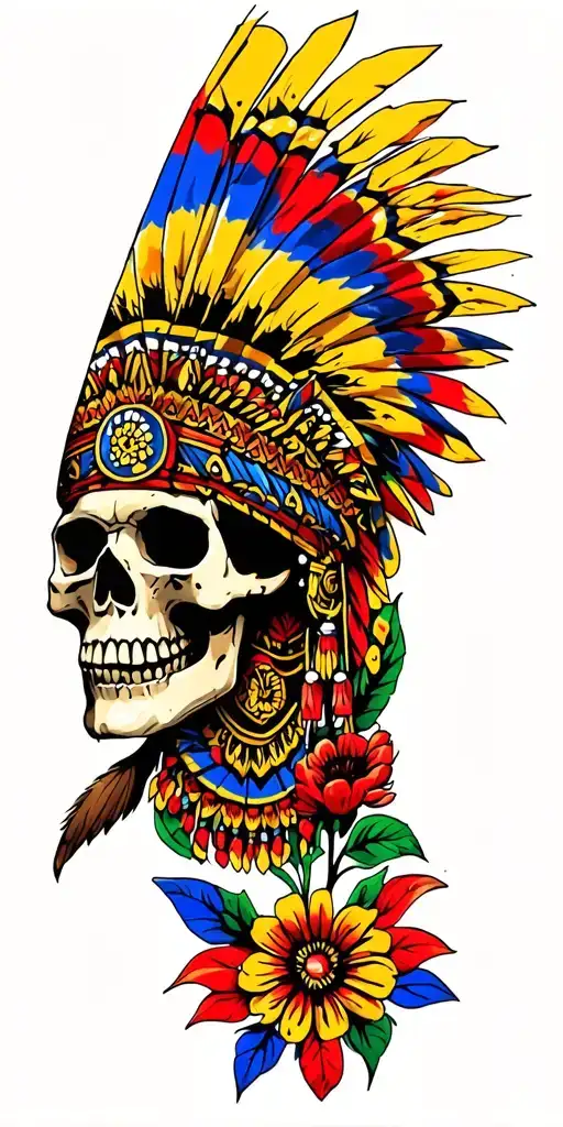 aztec warrior, skull, colourful flowers, colombia flag and union jack flag as backdrop tattoo design idea