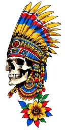 aztec warrior, skull, colourful flowers, colombia flag and union jack flag as backdrop tattoo design idea