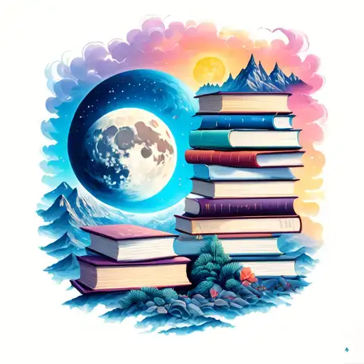 lunar valley and books tattoo design idea