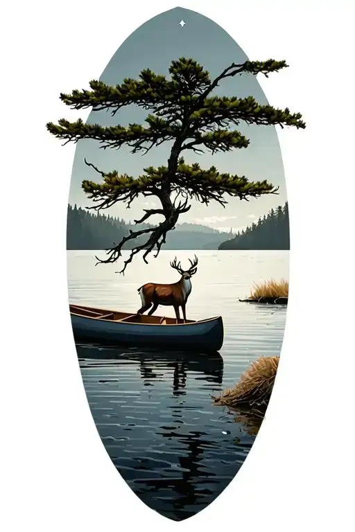 nature, shoreline with a canoe pulled up on shore and a windswept pinetree. i wamt a deer standing on shore, a 2 stars  tattoo design idea