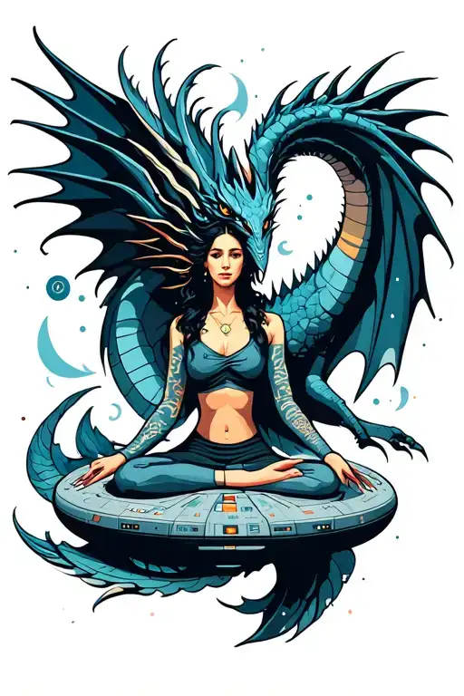 dragons ans Starship Enterprise with a Yoga lady  tattoo design idea