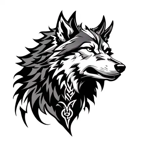 Wolf Fenrir with Viking runes, minimalist, black grey tattoo tattoo design idea