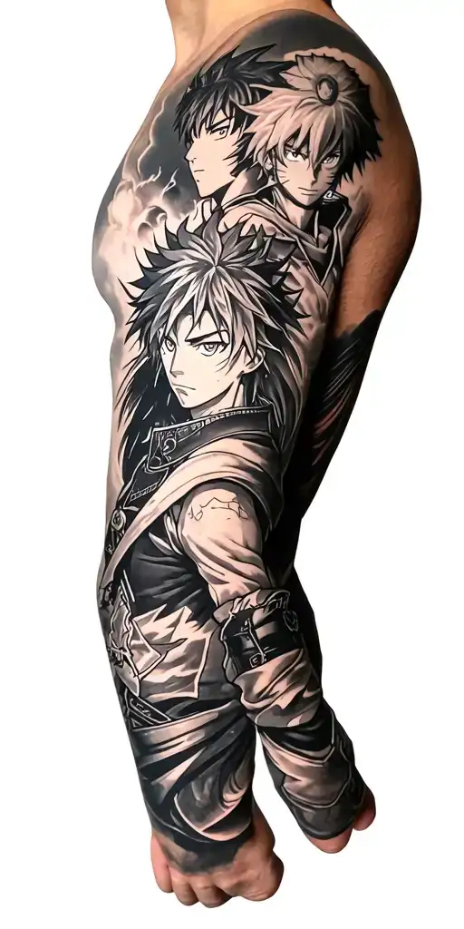 full sleeve tattoo featuring animes like black clover, naruto, hajime no Ippo, vinland saga and hunter x hunter tattoo design idea