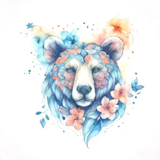 paisley bear head flowers stars shining tattoo design idea