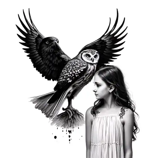 Girl with owl against the backdrop of raven with srack wings tattoo design idea