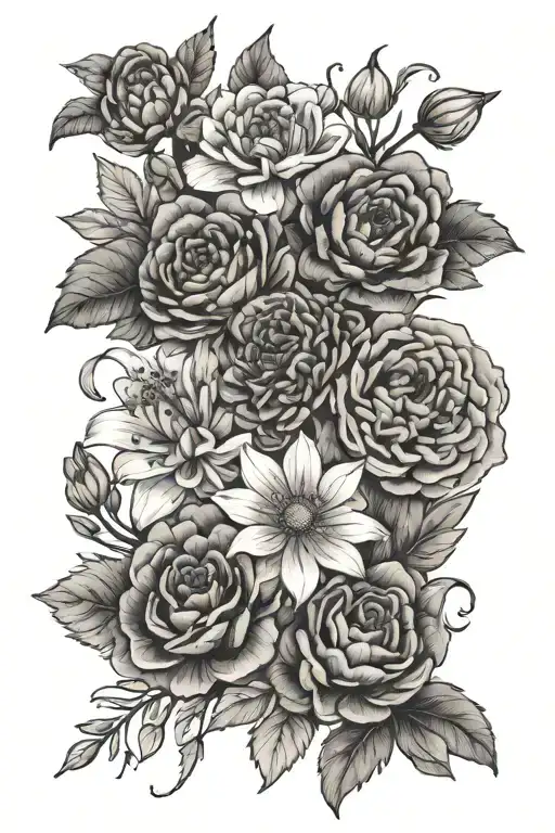 finefine, marigold,carnation,snowdrop,aster,violet,galdious tattoo design idea