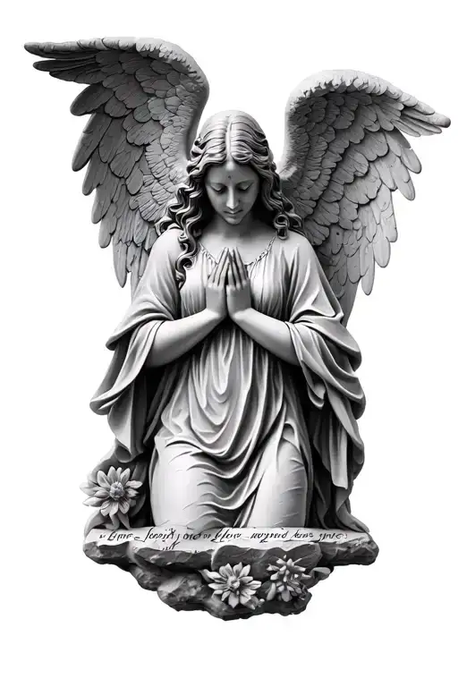 1600 angel women crying hands together, stone covering her 3 scriptures written, 2 small angels each side praying crying tattoo design idea
