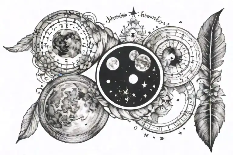 4 moon phases names and birth dates incorporated tattoo design idea