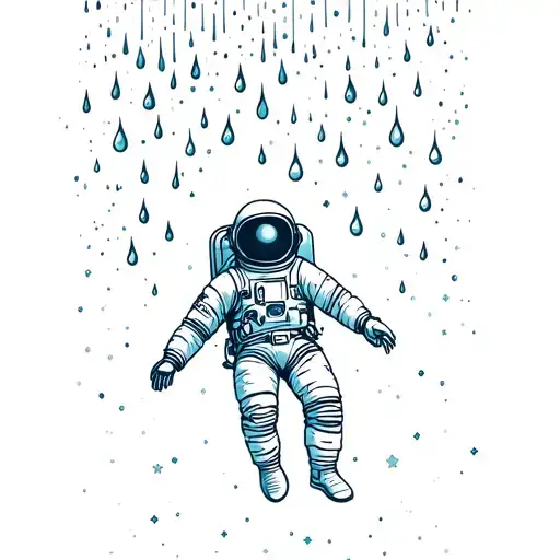 An astronaut floating in zero gravity under a cosmic rain shower, where the raindrops are tiny stars or planets tattoo design idea
