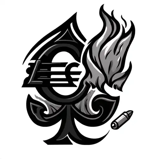 euro symbol , spades symbol , fire , bullets , word rido with unique font tattoo design idea