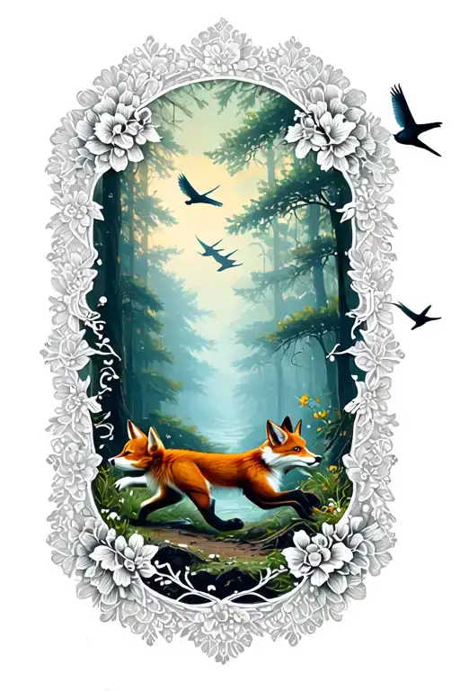 floral lace background with small fox running through forest and birds flying above tattoo design idea