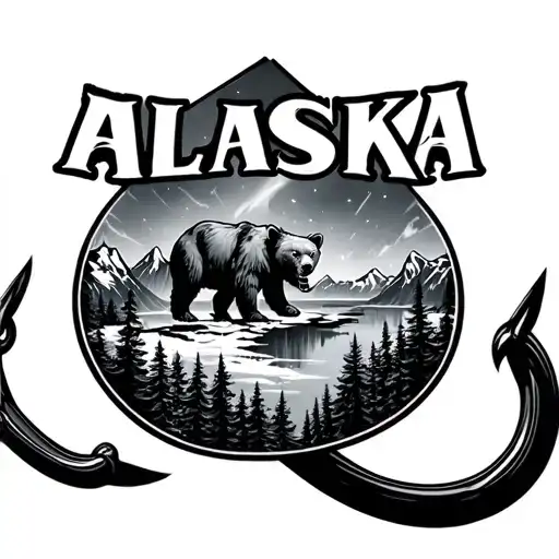 Alaska tatoo with the image inside of a fising hook. Include a bear, mountains, state, northern lights tattoo design idea