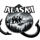 Alaska tatoo with the image inside of a fising hook. Include a bear, mountains, state, northern lights tattoo design idea