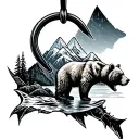 Alaska tatoo with the image inside of a fising hook. Include a bear, mountains, state, northern lights tattoo design idea