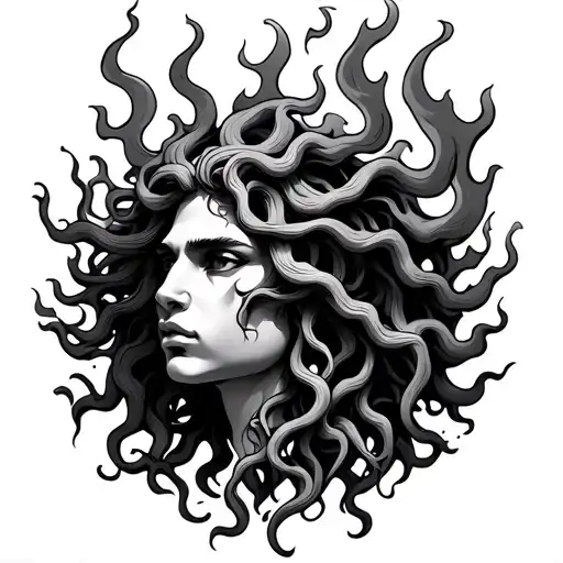 medusa head with flames tattoo design idea