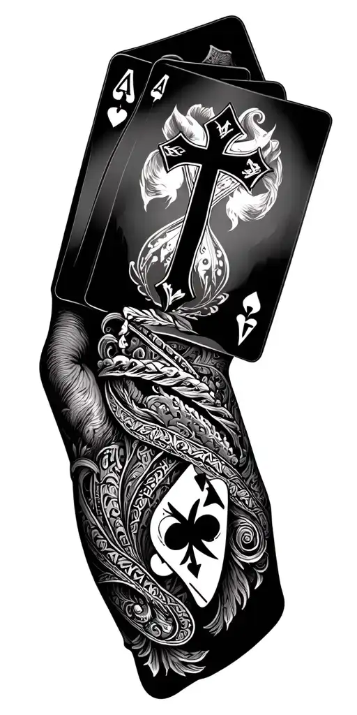 Paisley with a cross and the bicep and playing cards on the forearm. mountain cowboy within the cards tattoo design idea