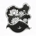 A powerful wave crashing against a rock symbolizing strength and resilience, with three delicate lotus flowers representing love for each daughter tattoo design idea