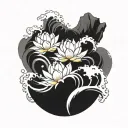 A powerful wave crashing against a rock symbolizing strength and resilience, with three delicate lotus flowers representing love for each daughter tattoo design idea