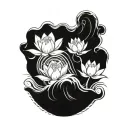 A powerful wave crashing against a rock symbolizing strength and resilience, with three delicate lotus flowers representing love for each daughter tattoo design idea