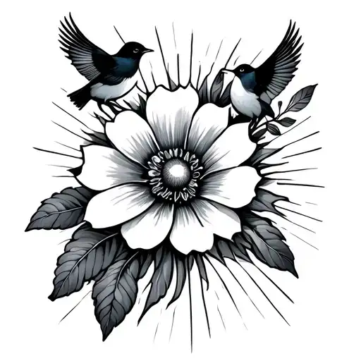 unique flower with Birds around and Sun rays coming tattoo design idea