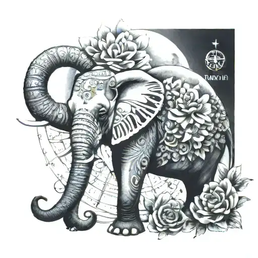 An elephant in the middle, a full moon on top of the elephant and flowers and a compass at the bottom. tattoo design idea