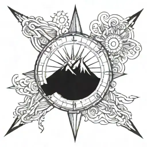 sun and compass with mountains tattoo design idea