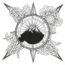 sun and compass with mountains tattoo design idea